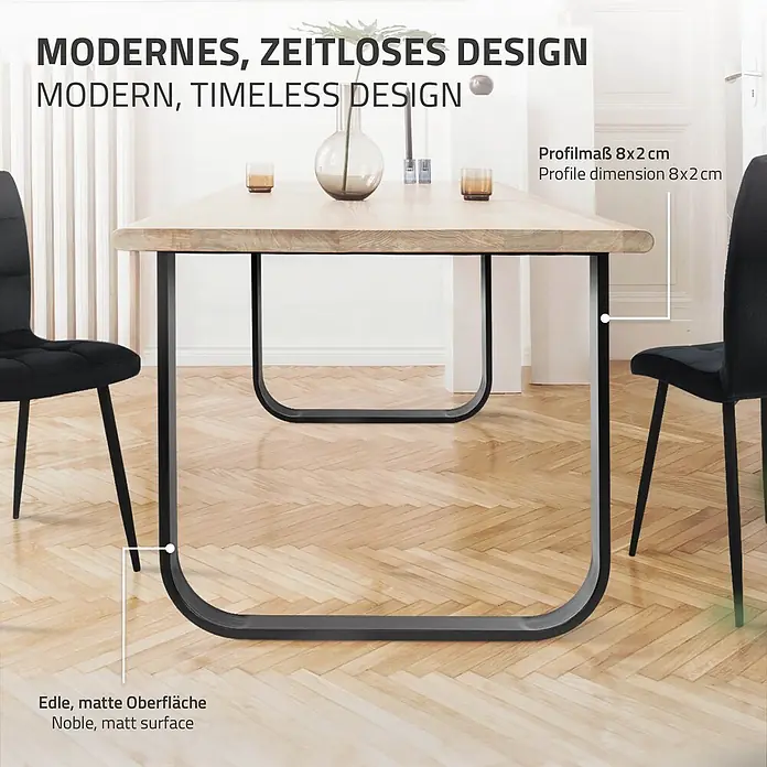 ML-Design Tischgestell Kufengestell O-Form Schwarz für Esstisch/Schreibtisch DIY-Projekte - Stahl - Moderner Esstisch mit heller Holzplatte und matten, schwarzen U-förmigen Metallbeinen (Profil 8x2 cm).