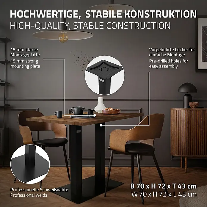 ML-Design Tischgestell mit Bodenplatte aus pulverbeschichteteter Stahl - Stahl - Dunkler Esstisch mit stabiler schwarzer Metallkonstruktion, in einem modernen Esszimmer.