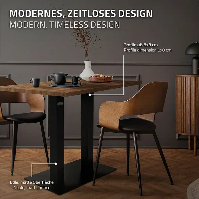 ML-Design Tischgestell mit Bodenplatte aus pulverbeschichteteter Stahl - Stahl - Moderner Esstisch mit Holzplatte und schwarzem, mattem Metallgestell in einem Esszimmer.