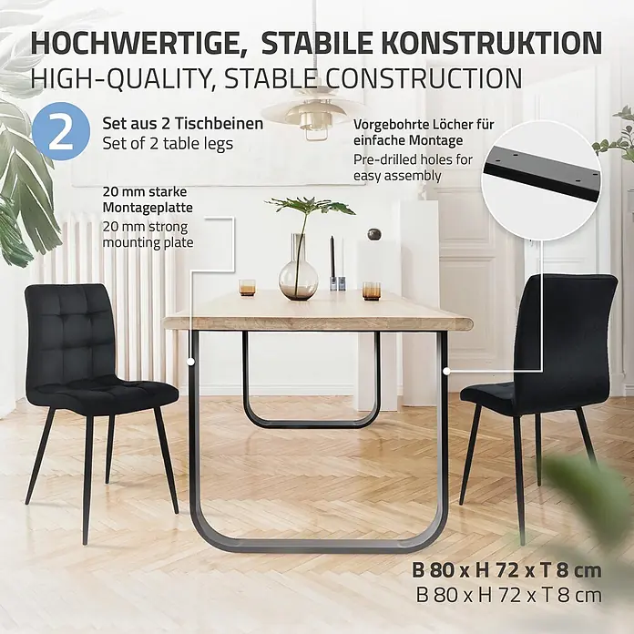 ML-Design Tischgestell Kufengestell O-Form Schwarz für Esstisch/Schreibtisch DIY-Projekte - Stahl - Zwei schwarze U-förmige Tischbeine (80x72x8 cm) aus Metall, mit 20 mm starker Montageplatte und vorgebohrten Löchern für stabile und einfache Installation.