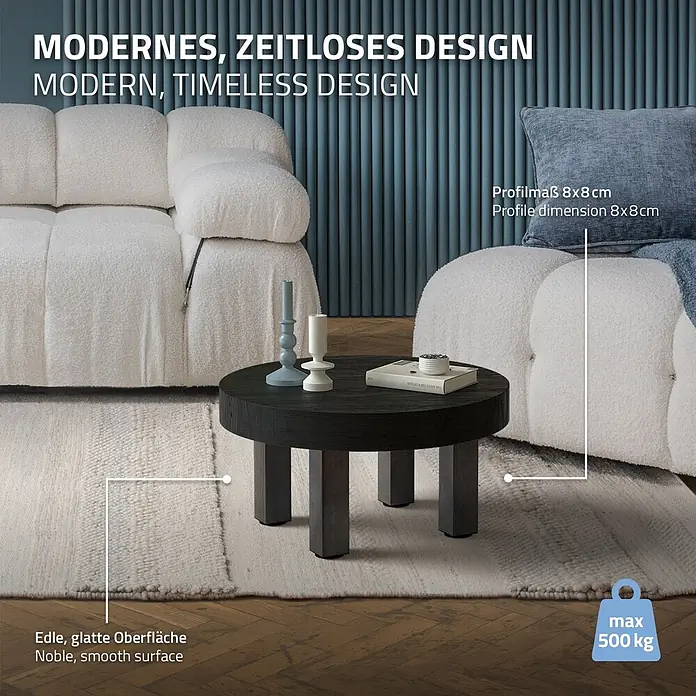 ML-Design Tischgestell 4er Set Bankkufen 30 cm Industrial Möbelbeine für Couchtische Bänke - Stahl - Runder Couchtisch aus dunklem Holz mit edler, glatter Oberfläche und stabilen 8x8cm Beinen, belastbar bis 500kg.