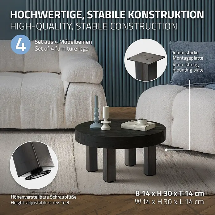 ML-Design Tischgestell 4er Set Bankkufen 30 cm Industrial Möbelbeine für Couchtische Bänke - Stahl - Dunkle Möbelbeine im 4er-Set mit 4 mm starken Montageplatten und höhenverstellbaren Schraubfüßen.
