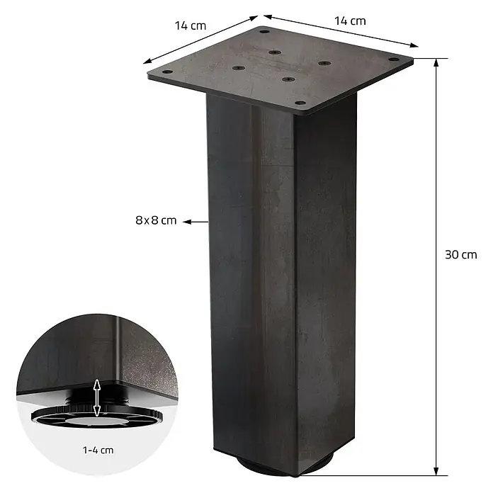 ML-Design Tischgestell 4er Set Bankkufen 30 cm Industrial Möbelbeine für Couchtische Bänke - Stahl - Dunkelgraues Metall-Tischbein mit 14x14 cm quadratischer Montageplatte, 8x8 cm Korpus, 30 cm Höhe und einem verstellbaren Fuß (1-4 cm).