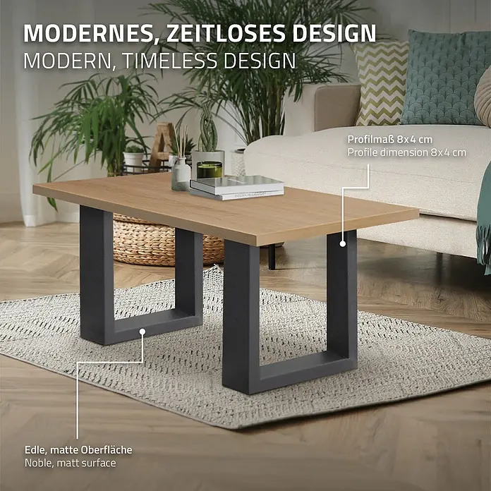 ECD Germany Tischgestell Tischgestell 30x43cm Anthrazit Bankkufen Industriedesign Möbelfüße Metall - Stahl - Moderner Couchtisch mit heller Holzplatte und dunkelgrauen 8x4 cm matten Metallbeinen, in einem Wohnzimmer gezeigt.