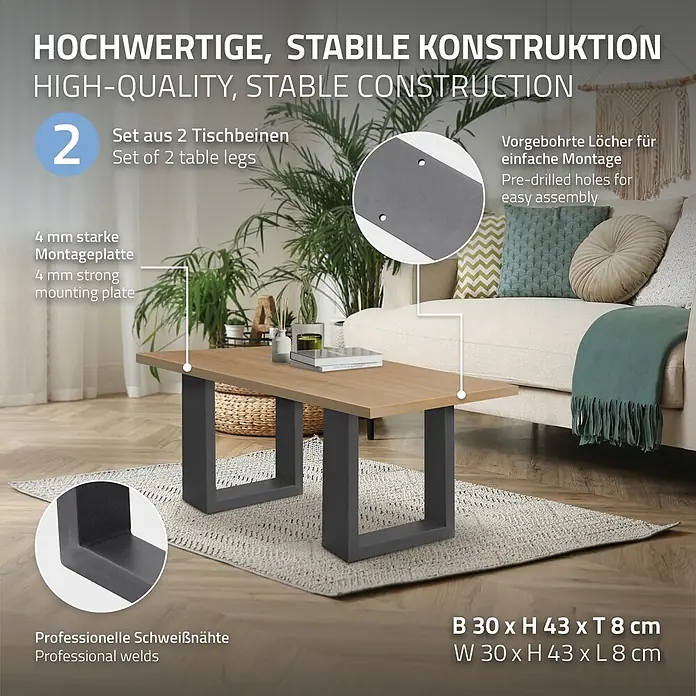 ECD Germany Tischgestell Tischgestell 30x43cm Anthrazit Bankkufen Industriedesign Möbelfüße Metall - Stahl - Set aus zwei dunkelgrauen Metall-Tischbeinen (B 30 x H 43 x T 8 cm) mit starken Montageplatten und vorgebohrten Löchern.