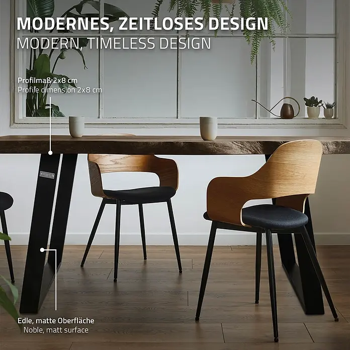 ML-Design Tischgestell Schräge Metall Bankbeine Bankgestell - L x B x H: 8 x 75 x 72 cm, Stahl - Esstisch mit massiver Holzplatte und schwarzen Metallbeinen, flankiert von zwei Holzstühlen mit schwarzen Sitzen.