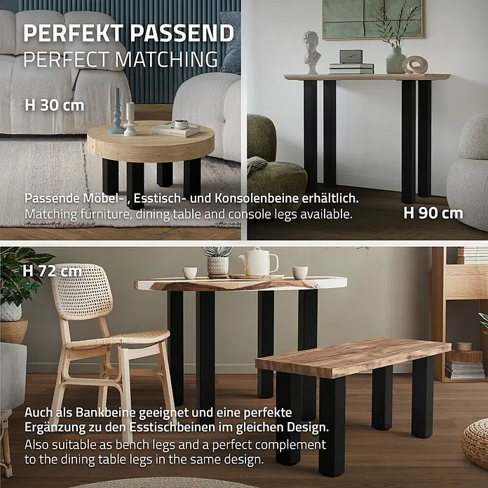 ML-Design Tischgestell 4er Set Tischkufen I-Design Möbelfüße und aus Stahl - L x B x H: 14 x 14 x 42 cm, Traglast: 500 kg, Stahl - Schwarze rechteckige Möbelbeine in verschiedenen Höhen (30, 72, 90 cm) für Couchtische, Konsolentische, Esstische und Bänke, im passenden Design.