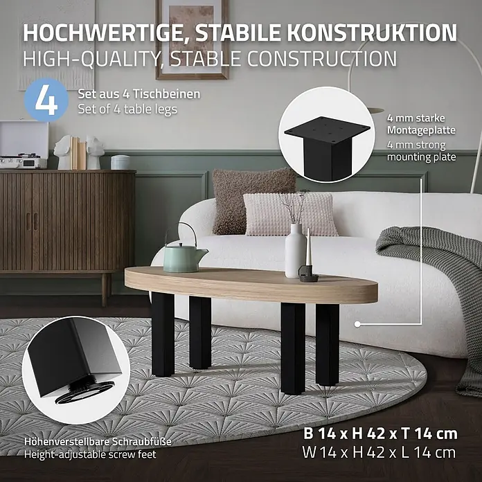 ML-Design Tischgestell 4er Set Tischkufen I-Design Möbelfüße und aus Stahl - L x B x H: 14 x 14 x 42 cm, Traglast: 500 kg, Stahl - Vier schwarze Metall-Tischbeine (42 cm hoch) mit höhenverstellbaren Füßen und 4 mm starker Montageplatte. Maße: 14x42x14 cm.