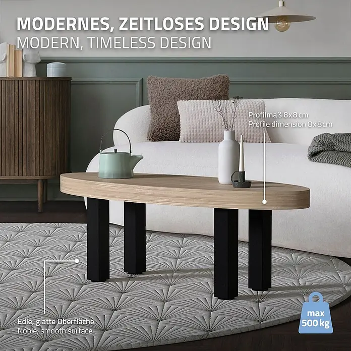 ML-Design Tischgestell 4er Set Tischkufen I-Design Möbelfüße und aus Stahl - L x B x H: 14 x 14 x 42 cm, Traglast: 500 kg, Stahl - Ovaler Couchtisch mit heller Holzplatte und schwarzen rechteckigen Beinen im Wohnzimmer.