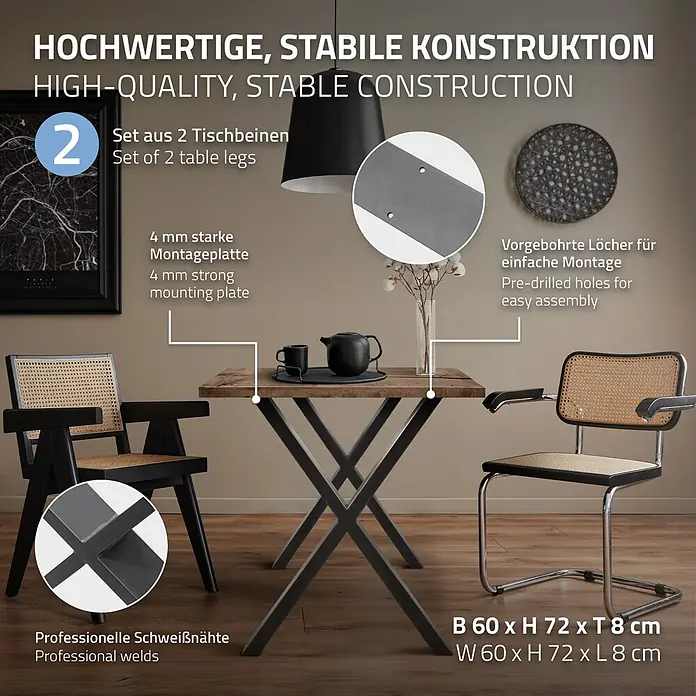 ECD Germany Tischgestell 2x Tischbeine X-Design pulverbeschichtete Stahl Industriedesign - Stahl - Schwarze Metall-Tischbeine (X-Form) für einen Holztisch, hervorgehoben für stabile Konstruktion und einfache Montage. Maße: B 60 x H 72 x T 8 cm.