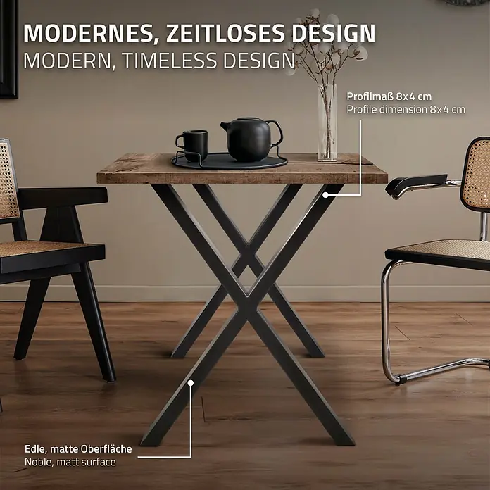 ECD Germany Tischgestell 2x Tischbeine X-Design pulverbeschichtete Stahl Industriedesign - Stahl - Moderner Esstisch mit edler, matter Holzplatte und schwarzen X-förmigen Metallbeinen (8x4 cm Profil), mit Stühlen gezeigt.