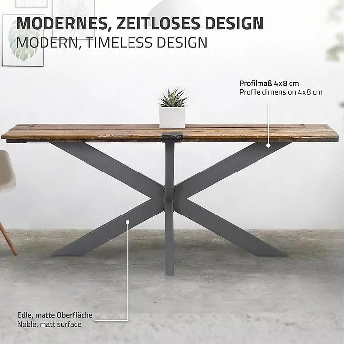 ML-Design Tischgestell Tischkufen Tischfüße X-Design 78x71x150 cm Anthrazit Industriedesign - Traglast: 150 kg, Stahl - Moderner Esstisch mit rustikaler Holzplatte und robusten dunkelgrauen Metall-X-Beinen.