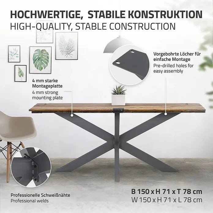 ML-Design Tischgestell Tischkufen Tischfüße X-Design 78x71x150 cm Anthrazit Industriedesign - Traglast: 150 kg, Stahl - Robuster Esstisch mit Holzplatte und dunkelgrauen X-förmigen Metallbeinen. Hochwertige, stabile Konstruktion, ideal für ein modernes Interieur.