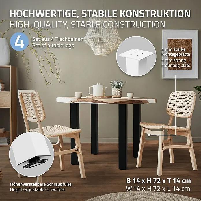 ML-Design Tischgestell 4er Set I-Design 72cm Weiß glänzend Möbelbeine - Stahl - Vier schwarze Tischbeine mit 4mm Montageplatte und höhenverstellbaren Füßen, die einen Holzesstisch stützen.