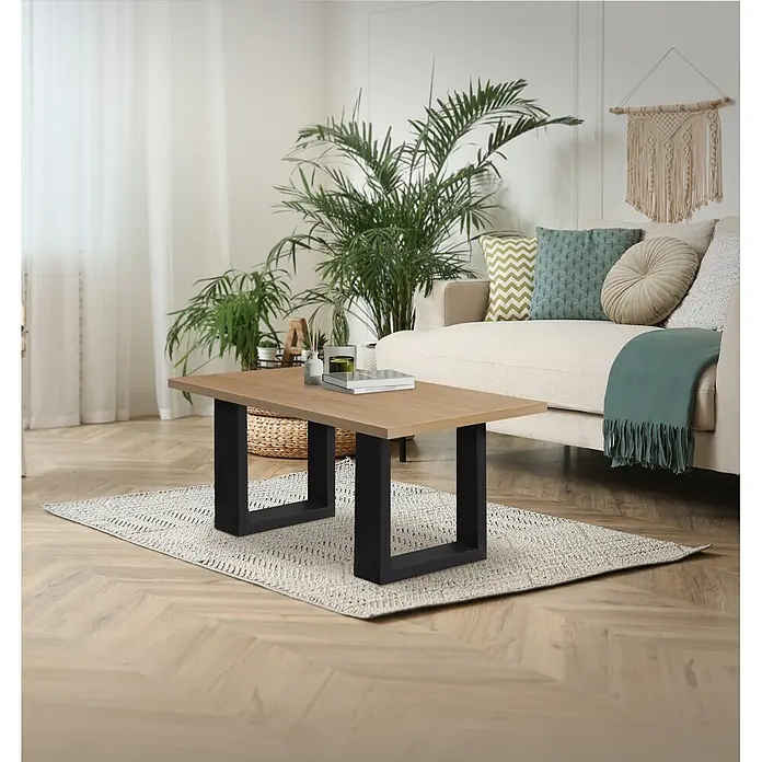 ECD Germany Tischgestell Bankkufen modernes Industriedesign Möbelfüße aus Metall - L x B x H: 8 x 30 x 43 cm, Stahl - Rechteckiger Couchtisch aus hellem Holz mit schwarzen Metallbeinen auf gemustertem Teppich im Wohnzimmer.