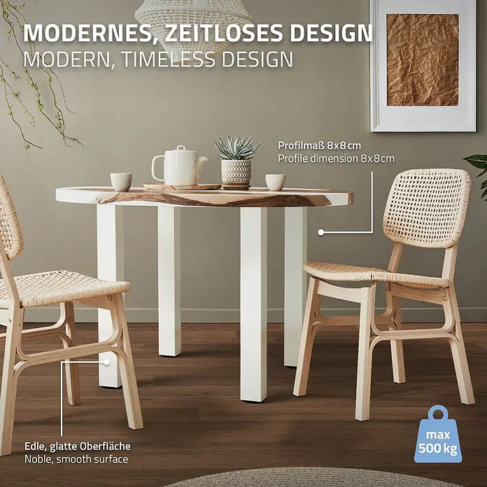 ML-Design Tischgestell 4er Set I-Design 72cm Weiß glänzend Möbelbeine - Stahl - Modernes Esszimmer-Set: Holztisch mit Naturkante, weiße 8x8cm Beine, glatte Oberfläche; zwei Rattan-Stühle. Zeitloses Design, 500kg max. Last.