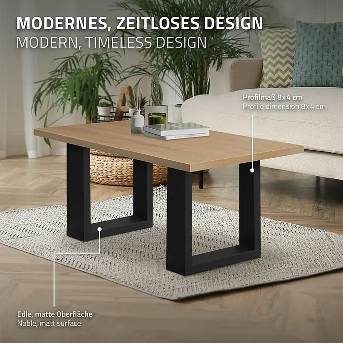 ECD Germany Tischgestell Bankkufen modernes Industriedesign Möbelfüße aus Metall - L x B x H: 8 x 30 x 43 cm, Stahl - Moderner Couchtisch mit heller Holzplatte und schwarzen matten Metallbeinen in einem Wohnzimmer, zeitloses Design.