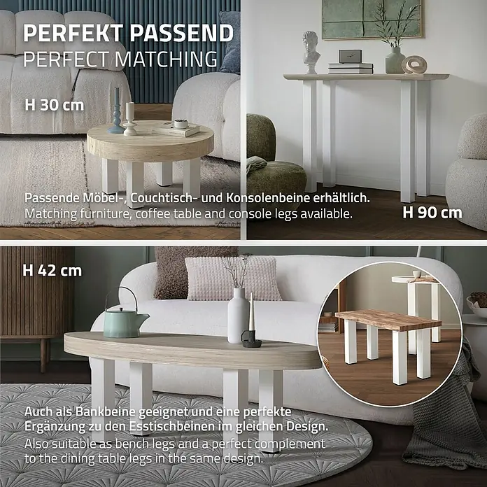 ML-Design Tischgestell 4er Set I-Design 72cm Weiß glänzend Möbelbeine - Stahl - Weiße modulare Möbelbeine in Höhen 30, 42, 90 cm, gezeigt als Couch-, Konsolen- und Esstischbeine.