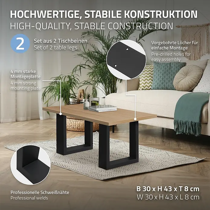 ECD Germany Tischgestell Bankkufen modernes Industriedesign Möbelfüße aus Metall - L x B x H: 8 x 30 x 43 cm, Stahl - Set aus 2 schwarzen U-förmigen Metall-Couchtischbeinen, 4mm Montageplatte. B30xH43xT8cm.