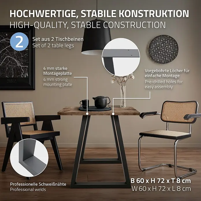 ECD Germany Tischgestell Metall Möbelfüße 60x72 cm Anthrazit Tischuntergestell für Esstisch - Stahl - Zwei schwarze Metall-Tischbeine mit starker Montageplatte und vorgebohrten Löchern, eine Holzplatte tragend.