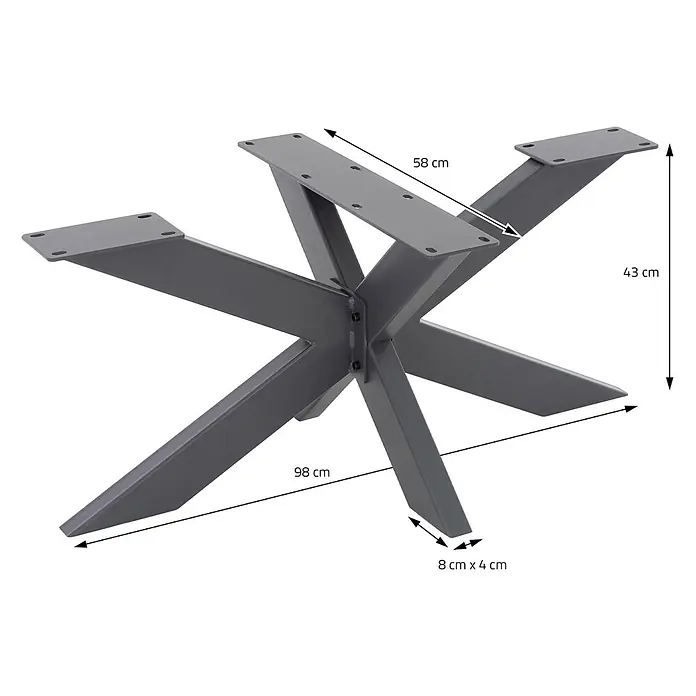 ML-Design Tischgestell Spider Kreuzgestell Schwerlast aus Stahl für DIY - Traglast: 150 kg, Stahl - Graues sternförmiges Tischgestell aus Metall mit Maßen.