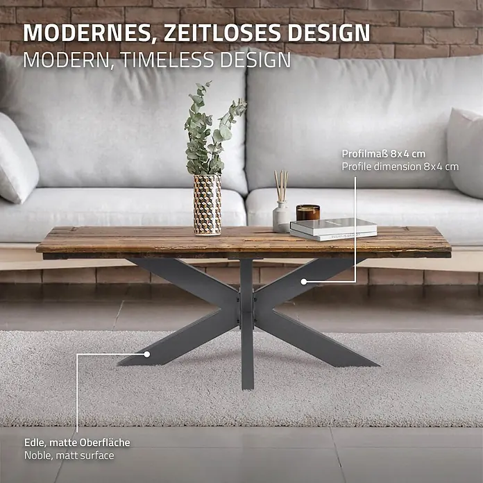 ML-Design Tischgestell Spider Kreuzgestell Schwerlast aus Stahl für DIY - Traglast: 150 kg, Stahl - Moderner Couchtisch mit Holzplatte und dunklem Metall-X-Gestell, im Wohnzimmer inszeniert.