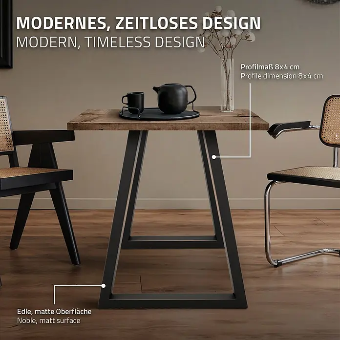 ECD Germany Tischgestell Metall Möbelfüße 60x72 cm Anthrazit Tischuntergestell für Esstisch - Stahl - Moderner Esstisch mit rustikaler Holzplatte und eleganten schwarzen, matten A-Rahmen-Metallbeinen (Profilmaß 8x4 cm).