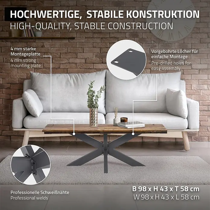 ML-Design Tischgestell Spider Kreuzgestell Schwerlast aus Stahl für DIY - Traglast: 150 kg, Stahl - Couchtisch aus Holz mit dunkelgrauem, X-förmigem Metallgestell in einem Wohnzimmerambiente.