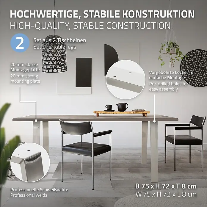 ML-Design Tischgestell Bankgestell Bankbeine 75x72cm Silber Tischkufen Profil 8x2cm Möbelfüße - Stahl - Hochwertige, stabile Metall-Tischbeine (75x72x8 cm) mit 20mm Montageplatte, professionellen Schweißnähten und vorgebohrten Löchern.