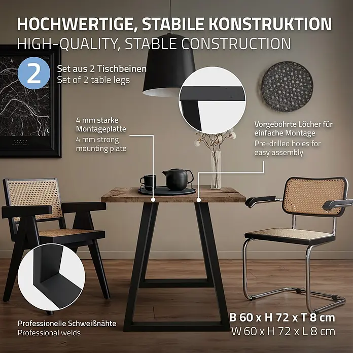 ECD Germany Tischgestell Metall Möbelfüße 60x72 cm Schwarz Tischuntergestell für Esstisch - Stahl - Zwei schwarze Metall-Tischbeine, die eine Holztischplatte in einer Esszimmerumgebung tragen. Sie verfügen über vorgebohrte Löcher zur einfachen Montage.