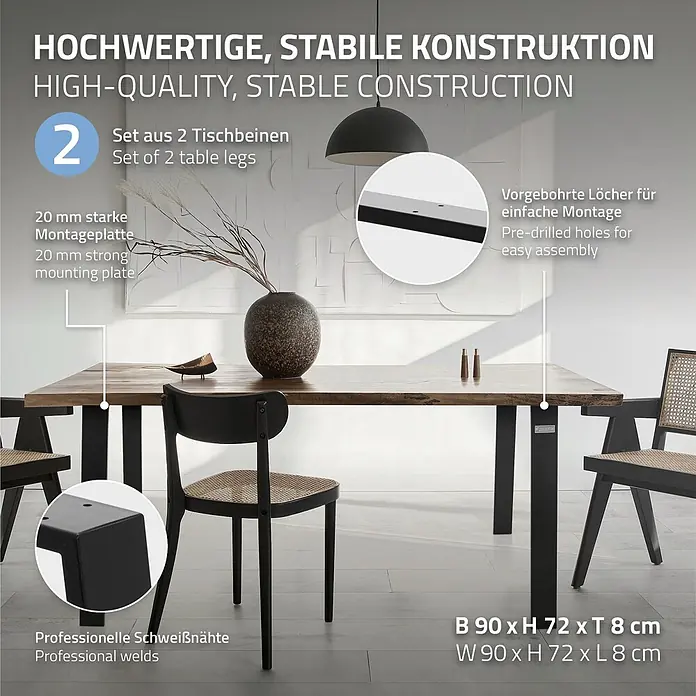 ML-Design Tischgestell Loft 2er Set aus Stahl Industriedesign U-Form - Stahl - Zwei schwarze Metalltischbeine stützen einen Holztisch in einem modernen Esszimmer. Mit stabiler Montageplatte und vorgebohrten Löchern.