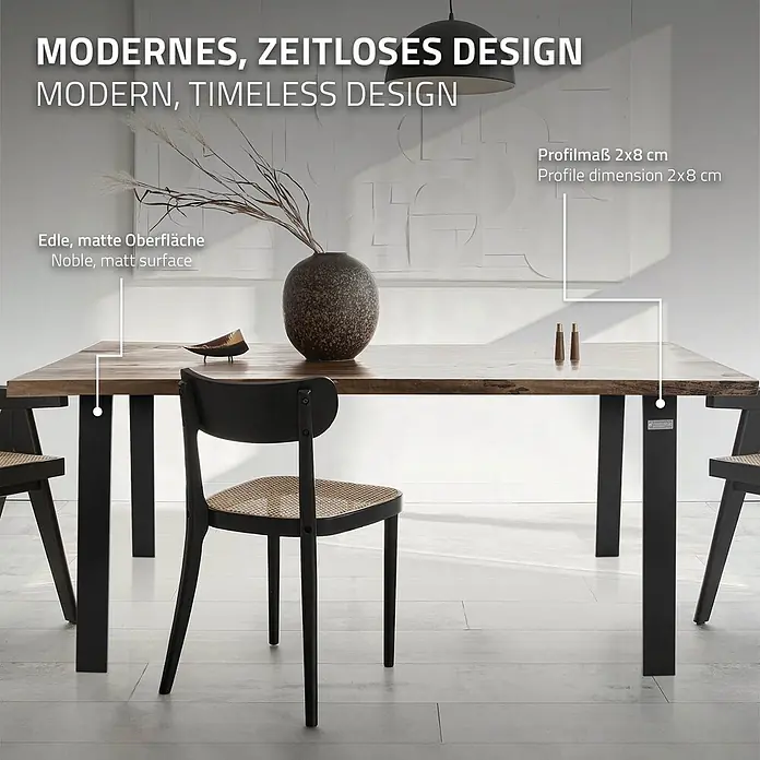 ML-Design Tischgestell Loft 2er Set aus Stahl Industriedesign U-Form - Stahl - Moderner Esstisch mit Holzplatte und schwarzen Metallbeinen, dazu passende schwarze Stühle, in einem zeitgenössischen Raum.
