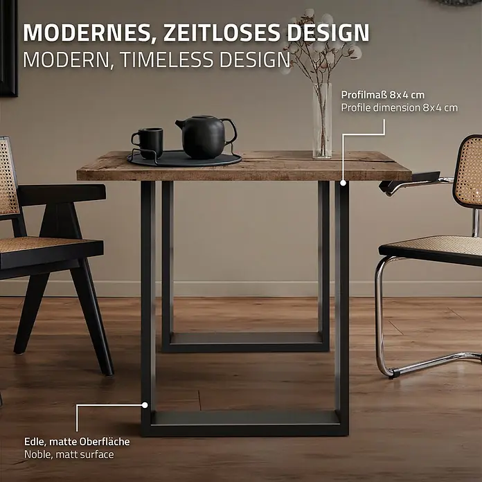 ECD Germany Tischgestell Tischgestell 60x72cm Anthrazit Bankkufen Industriedesign Möbelfüße Metall - Stahl - Moderner Esstisch mit rustikaler Holzplatte und mattschwarzen Metallbeinen, in einem Raum mit Stühlen.
