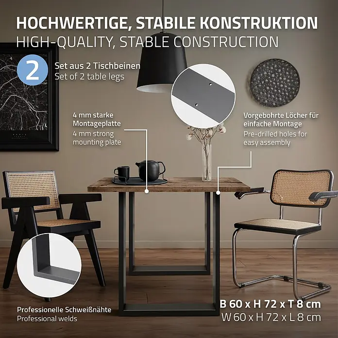 ECD Germany Tischgestell Tischgestell 60x72cm Anthrazit Bankkufen Industriedesign Möbelfüße Metall - Stahl - Zwei schwarze Metall-Tischbeine, 60x72x8 cm, mit 4mm Montageplatte, vorgebohrten Löchern und professionellen Schweißnähten für eine stabile Konstruktion.