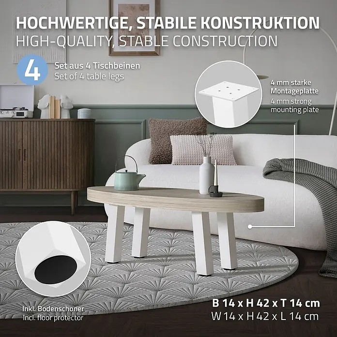 ML-Design Tischgestell Bankkufen I-Design 42cm Weiß glänzend Möbelbeine 96° Neigung - Traglast: 500 kg, Stahl - Set aus 4 weißen Tischbeinen mit 4mm starker Montageplatte und Bodenschonern, die einen Couchtisch tragen.