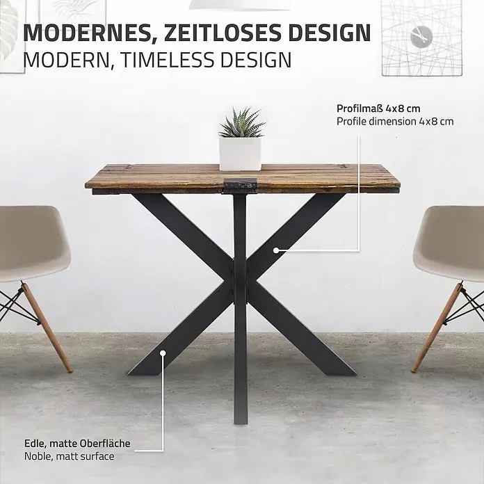 ML-Design Tischgestell Tischkufen Tischfüße X-Design 85x71x85 cm Schwarz Industriedesign - Traglast: 150 kg, Stahl - Moderner Esstisch mit Holzplatte und schwarzem Metall-X-Gestell, von Stühlen flankiert.