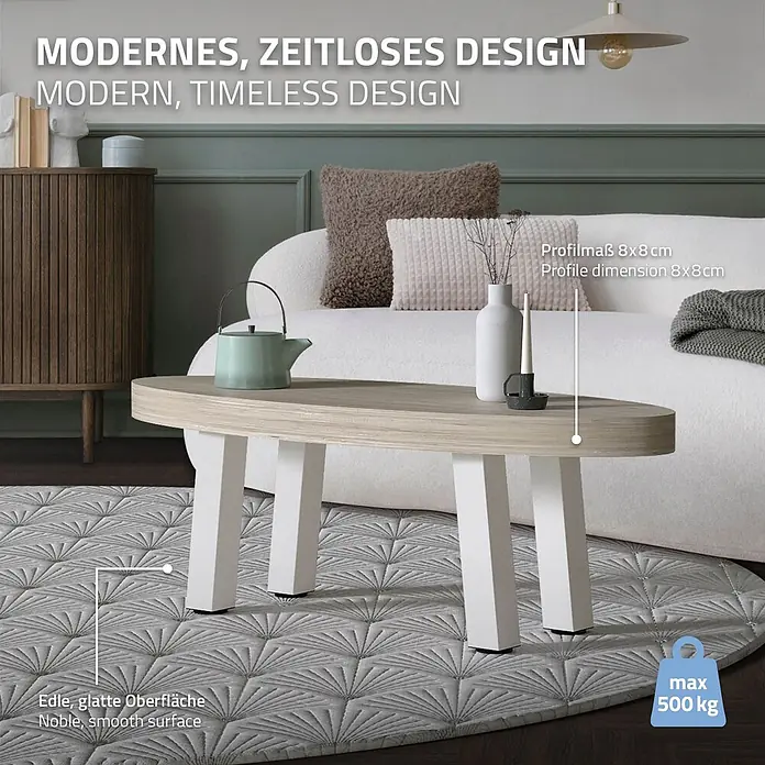 ML-Design Tischgestell Bankkufen I-Design 42cm Weiß glänzend Möbelbeine 96° Neigung - Traglast: 500 kg, Stahl - Moderner Couchtisch mit heller ovaler Holzplatte und weißen Blockbeinen in einem Wohnzimmerambiente.