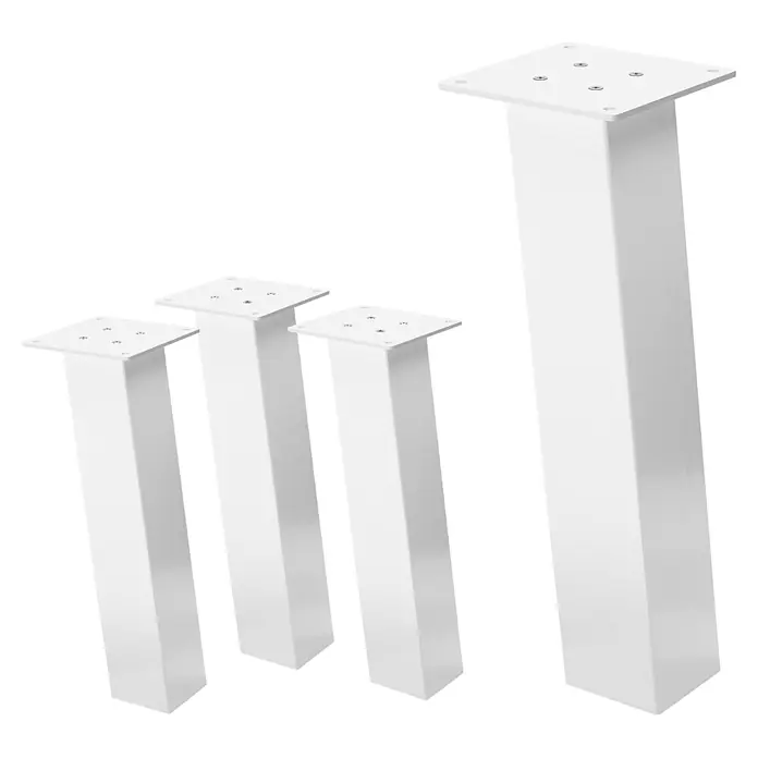 ML-Design Tischgestell Bankkufen I-Design 42cm Weiß glänzend Möbelbeine 96° Neigung - Traglast: 500 kg, Stahl - Set aus vier weißen, quadratischen Möbelbeinen mit Montageplatten, in verschiedenen Höhen.