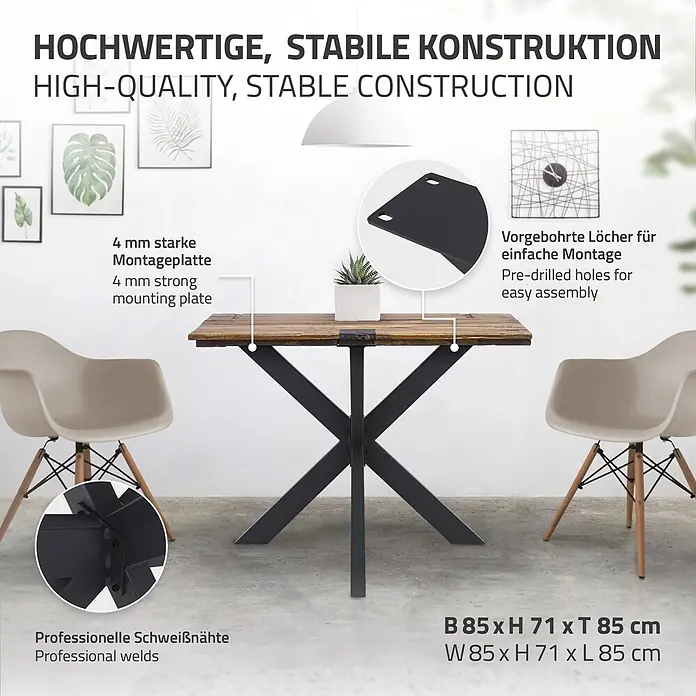 ML-Design Tischgestell Tischkufen Tischfüße X-Design 85x71x85 cm Schwarz Industriedesign - Traglast: 150 kg, Stahl - Esstisch mit Holzplatte und schwarzem Metall-X-Gestell. 4mm Montageplatte, vorgebohrte Löcher, professionelle Schweißnähte. B85xH71xT85cm.