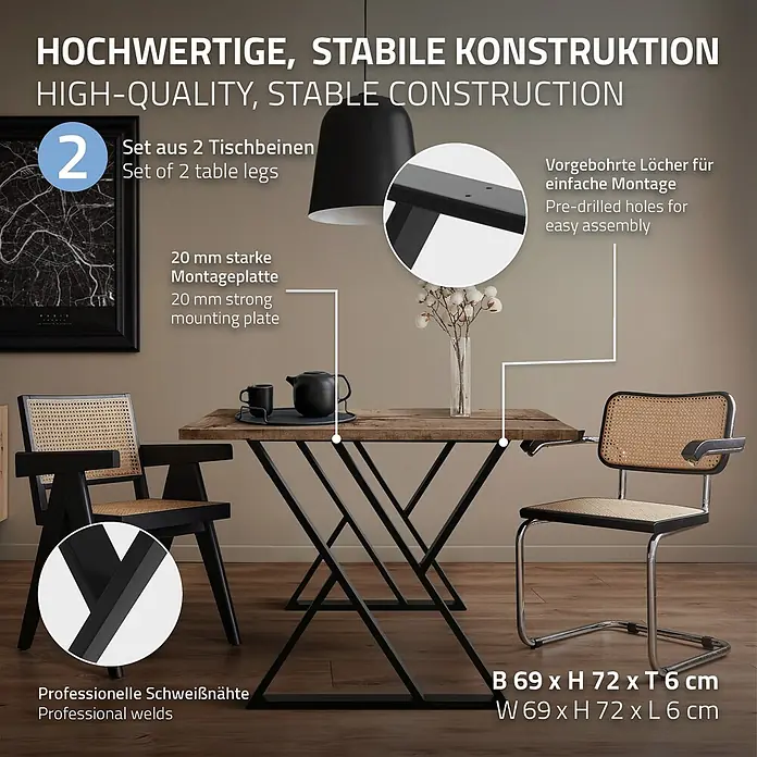 ML-Design Tischgestell Kufengestell X-Form Schwarz für Esstisch/Schreibtisch DIY-Projekte - Stahl - Zwei schwarze Metall-Tischbeine in X-Form mit einer 20mm Montageplatte, Maße 69x72x6 cm.