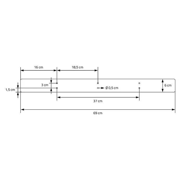 ML-Design Tischgestell Kufengestell X-Form Schwarz für Esstisch/Schreibtisch DIY-Projekte - Stahl - Technische Zeichnung einer rechteckigen Leiste mit abgerundeten Ecken, 69 cm lang und 6 cm hoch, mit mehreren gebohrten Löchern von 0,5 cm Durchmesser.