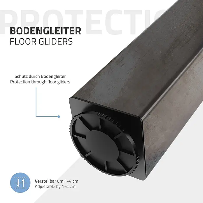 ML-Design Tischgestell 4er Set Bankkufen 90 cm Industrial Möbelbeine für Couchtische Bänke - Stahl - Schwarzer verstellbarer Bodengleiter in einem dunkelgrauen Vierkant-Metallbein, zeigt Schutz- und Höhenverstellfunktionen.