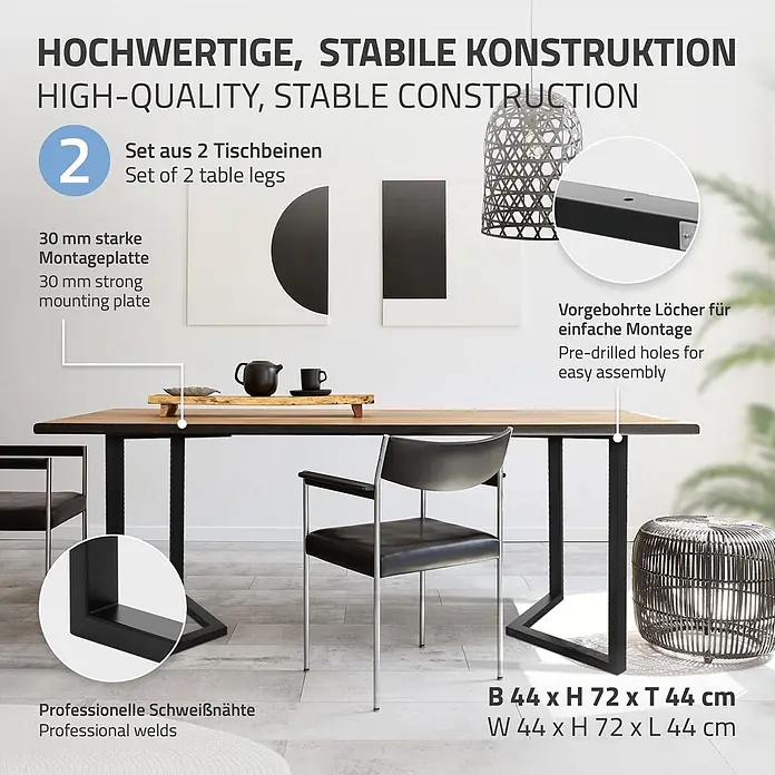 ML-Design Tischgestell 2er Set Tischgestell Bankkufen Tischkufen Möbelfüße aus Stahl - Stahl - Set aus zwei schwarzen Metall-Tischbeinen (B 44 x H 72 x T 44 cm), mit stabiler Montageplatte und vorgebohrten Löchern, die einen Holztisch tragen.