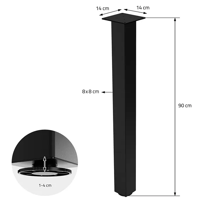 ML-Design Tischgestell 4er Set I-Design 90cm Schwarz glänzend Möbelbeine - Stahl - Schwarzes Metall-Tischbein mit 14x14 cm Montageplatte, 8x8 cm Profil, 90 cm Höhe und 1-4 cm verstellbarem Fuß.