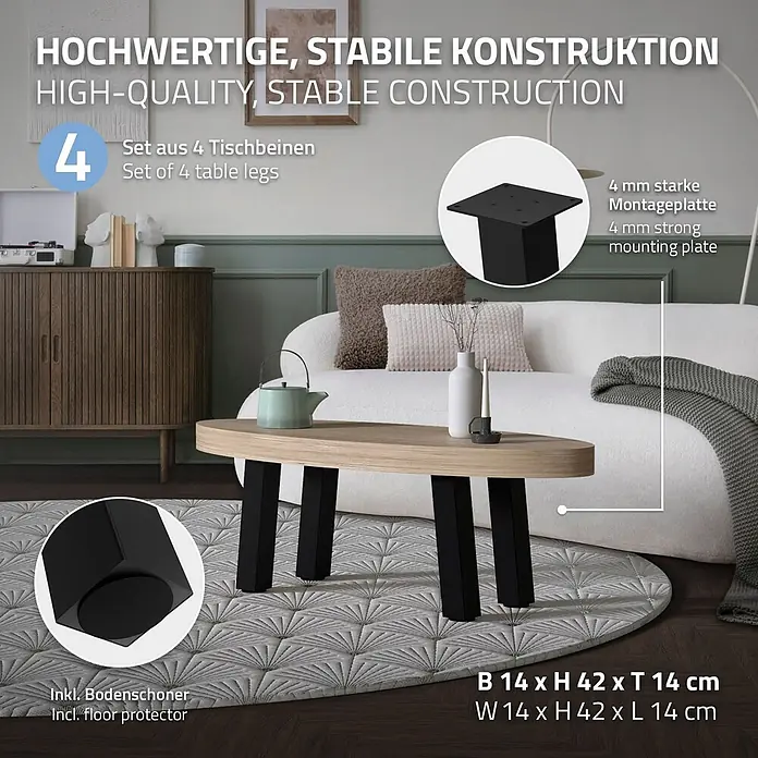 ML-Design Tischgestell Bankkufen I-Design 42cm Schwarz glänzend Möbelbeine 96° Neigung - Traglast: 500 kg, Stahl - Vier schwarze Tischbeine mit robusten Montageplatten und Bodenschonern, die einen Couchtisch im Wohnzimmer tragen.