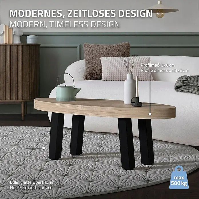 ML-Design Tischgestell Bankkufen I-Design 42cm Schwarz glänzend Möbelbeine 96° Neigung - Traglast: 500 kg, Stahl - Moderner ovaler Couchtisch mit heller Holzplatte und schwarzen Vierkantbeinen, auf einem gemusterten Teppich in einem Wohnzimmer.