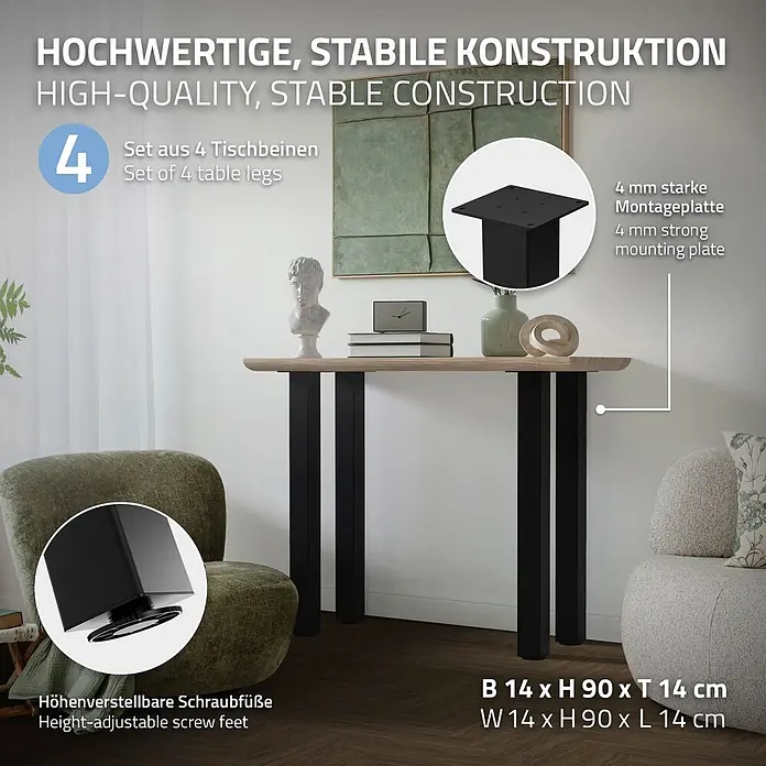 ML-Design Tischgestell 4er Set I-Design 90cm Schwarz glänzend Möbelbeine - Stahl - Schwarzer Metallkonsolentisch mit heller Holzplatte, höhenverstellbaren Füßen und stabilen Montageplatten, im Wohnzimmer.