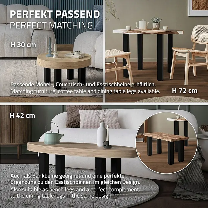 ML-Design Tischgestell 4er Set I-Design 90cm Schwarz glänzend Möbelbeine - Stahl - Schwarze, rechteckige Möbelbeine (30, 42, 72 cm) für Couch-, Ess- und Banktische, mit Holzplatten gezeigt.