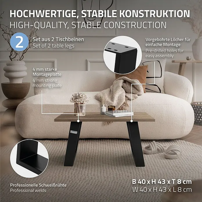 ML-Design Tischgestell Bankkufen Schräge Metall Bankbeine Bankgestell - L x B x H: 8 x 40 x 43 cm, Stahl - Couchtisch mit schwarzen Metallbeinen in modernem Wohnzimmer. Abmessungen: B 40 x H 43 x T 8 cm.