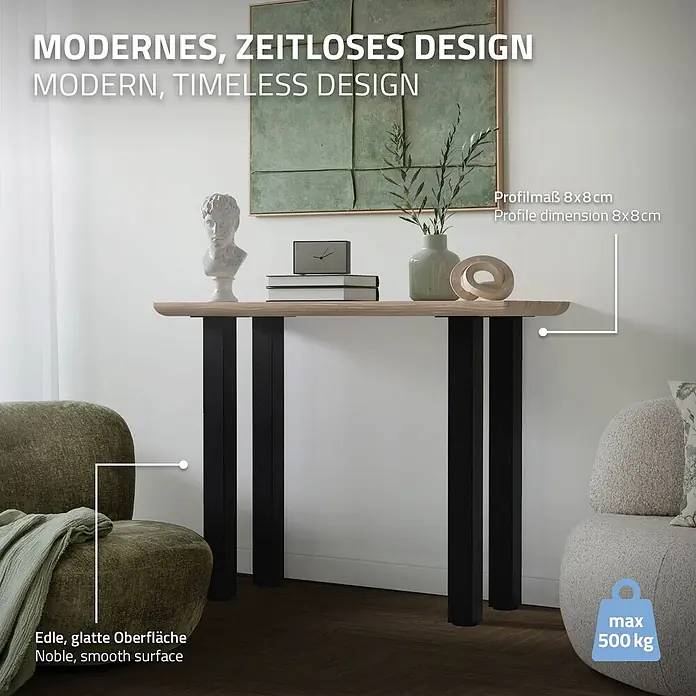 ML-Design Tischgestell 4er Set I-Design 90cm Schwarz glänzend Möbelbeine - Stahl - Moderner Konsolentisch mit heller Holzplatte und schwarzen Metallbeinen (8x8cm Profil). Edles Design, belastbar bis 500 kg.